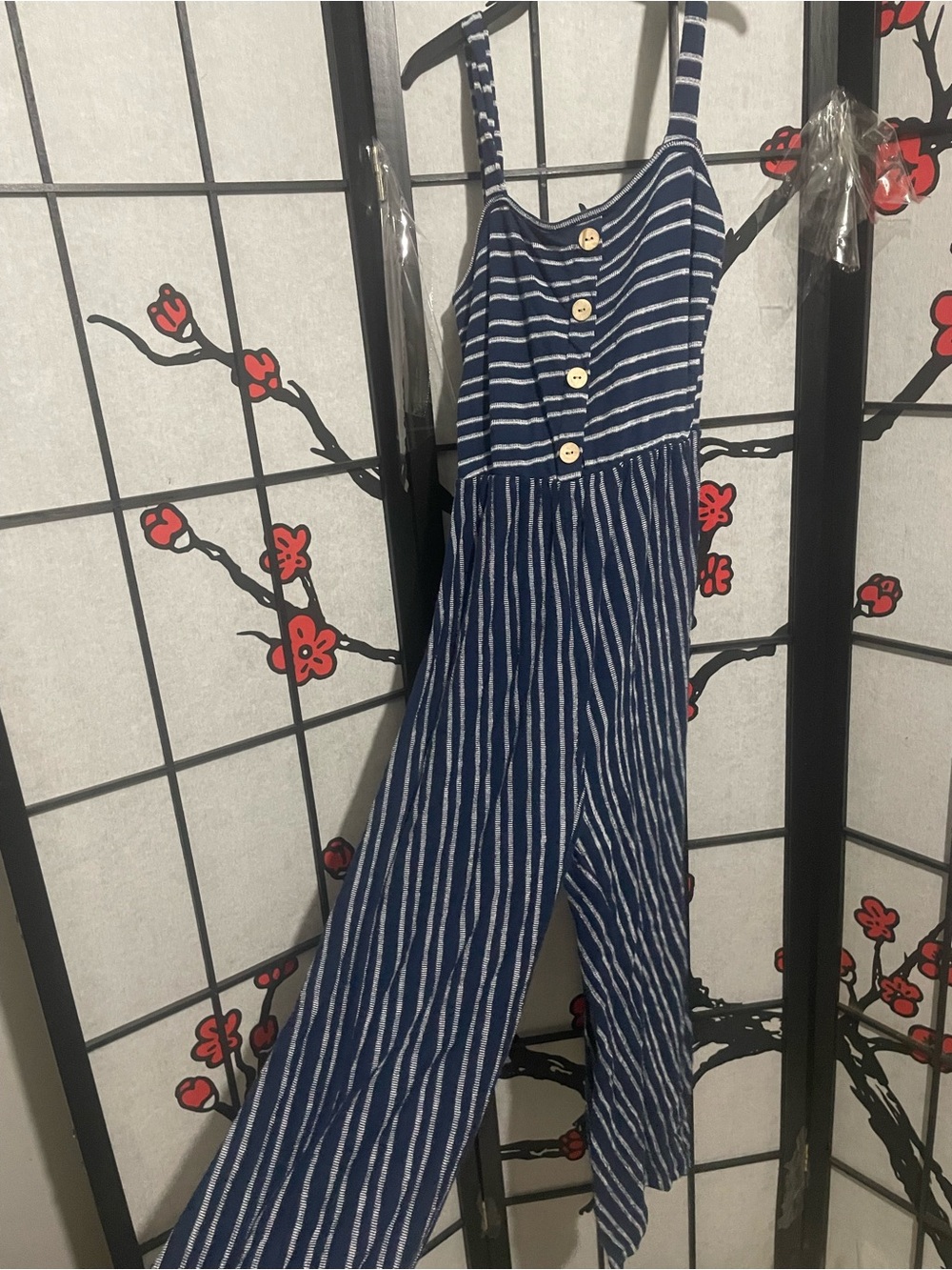 Striped Navy Blue Wide-Leg Jumpsuit with Button Front